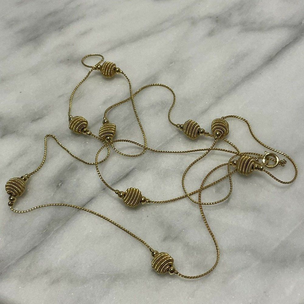 42” L Textured Wrapped Wire Beads orbs layering Necklace gold tone ring clasp